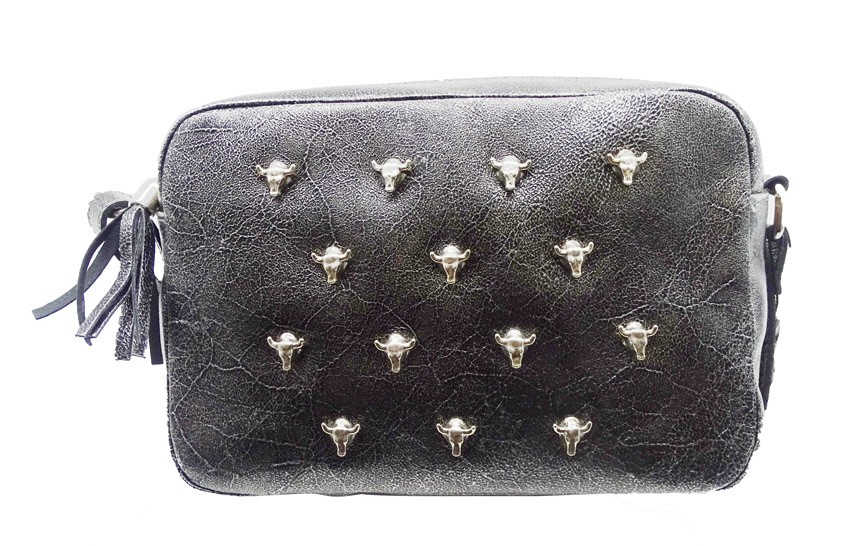 Bolso Bandolera De Piel Plata Con Apliques De Cabeza De Toro