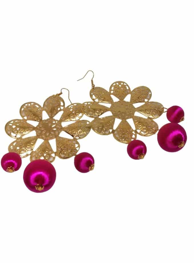 fuchsia gold embroidered rosette earrings