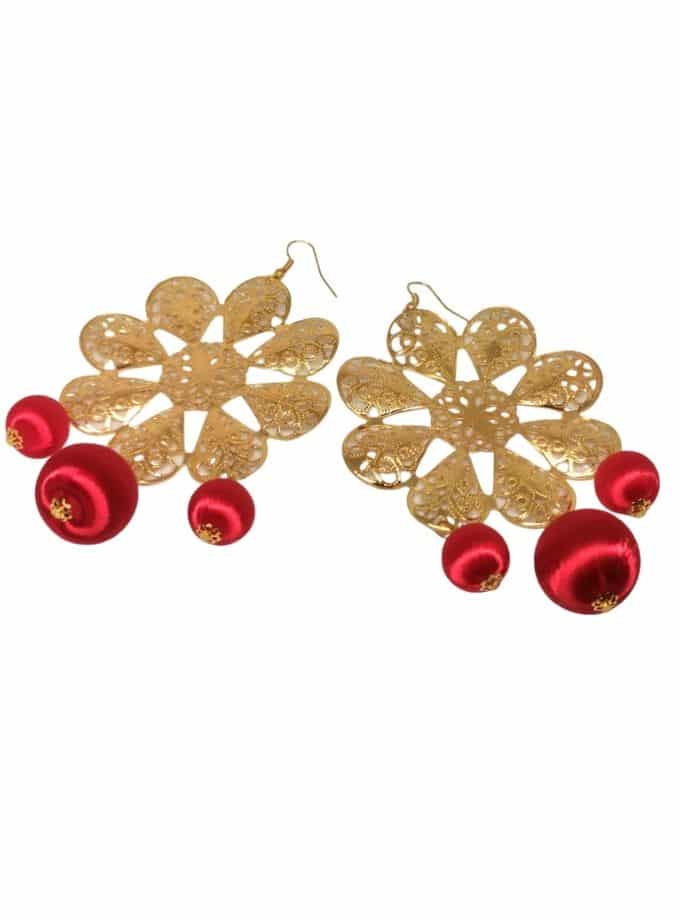red gold embroidered rosette earrings