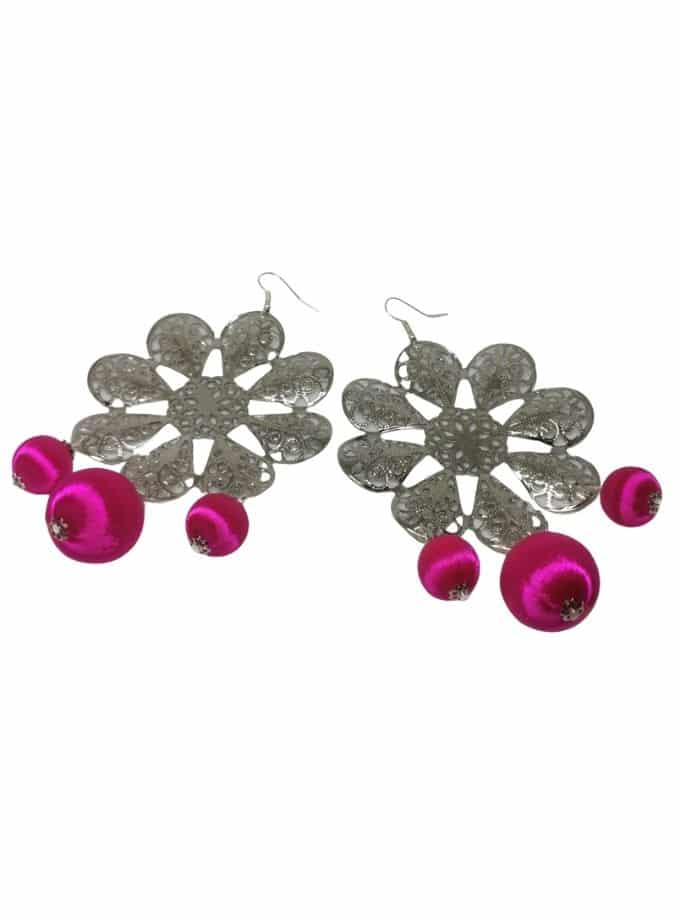 embroidered-silver-fuchsia rosette earrings.jearrings-embroidered-rosette-silver-fuchsia.jearrings-embroidered fuchsia silver rosette